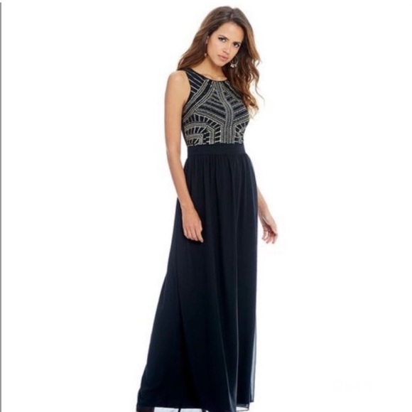 NWT Gianni Bini 8 Maddy Long Maxi Dress Black Gold Art Deco Beaded Occasion New - Picture 1 of 9